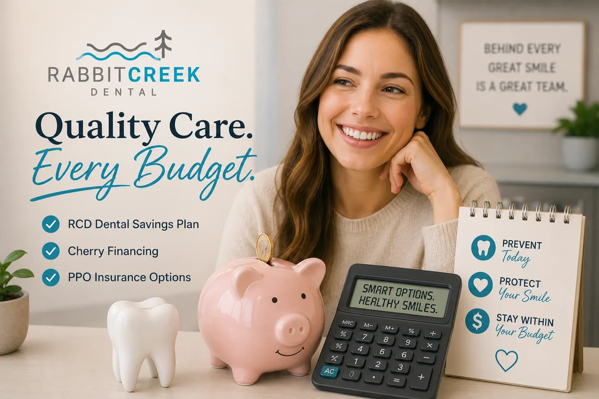 A smiling woman beside a piggy bank, calculator, and model tooth with 'Quality Care. Every Budget.' and affordable payment options — RCD Dental Savings Plan, Cherry financing, and PPO insurance — at Rabbit Creek Dental in Mobile, AL
