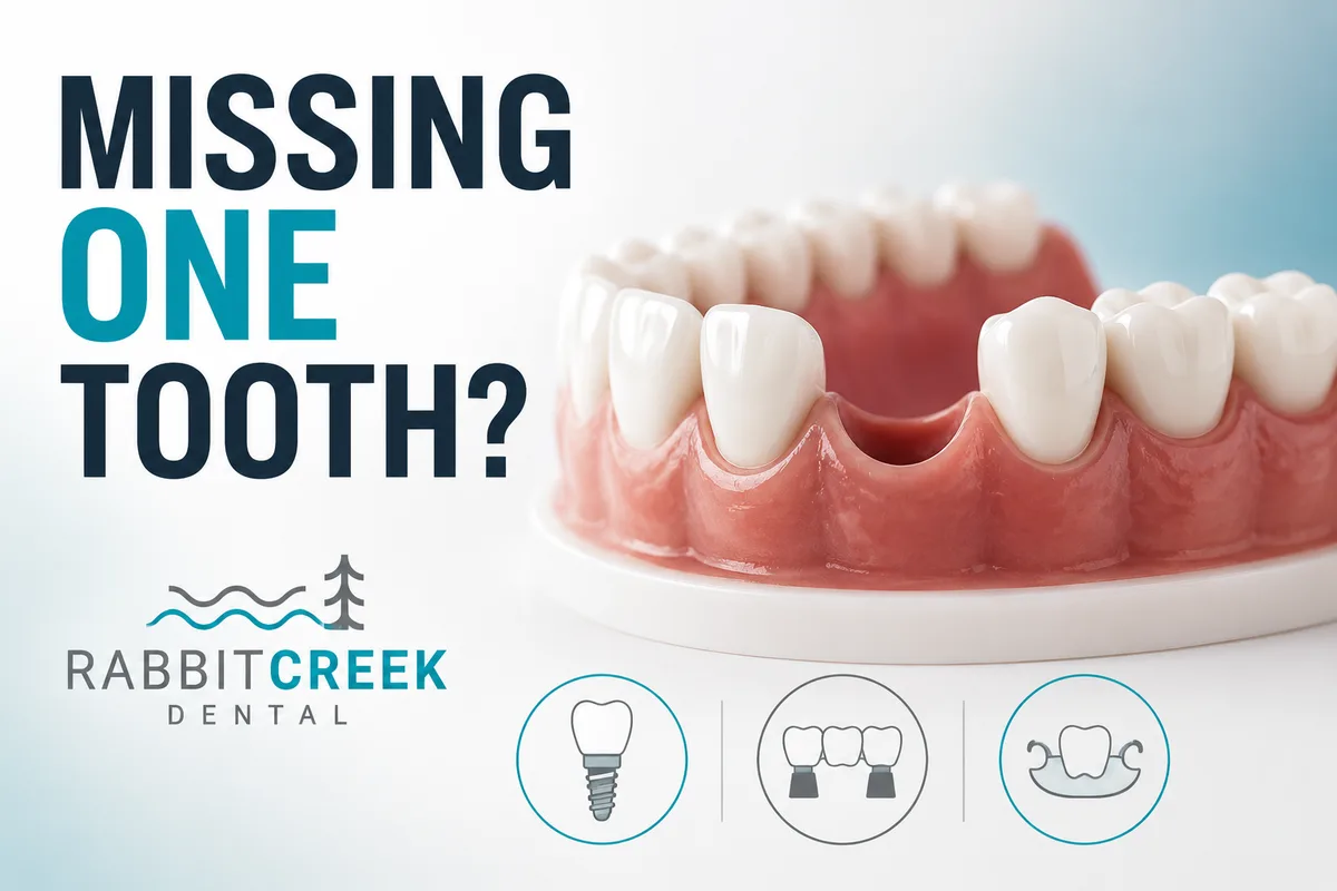 Missing one tooth? — a dental model showing a single gap with implant, bridge, and partial denture options at Rabbit Creek Dental in Mobile, AL