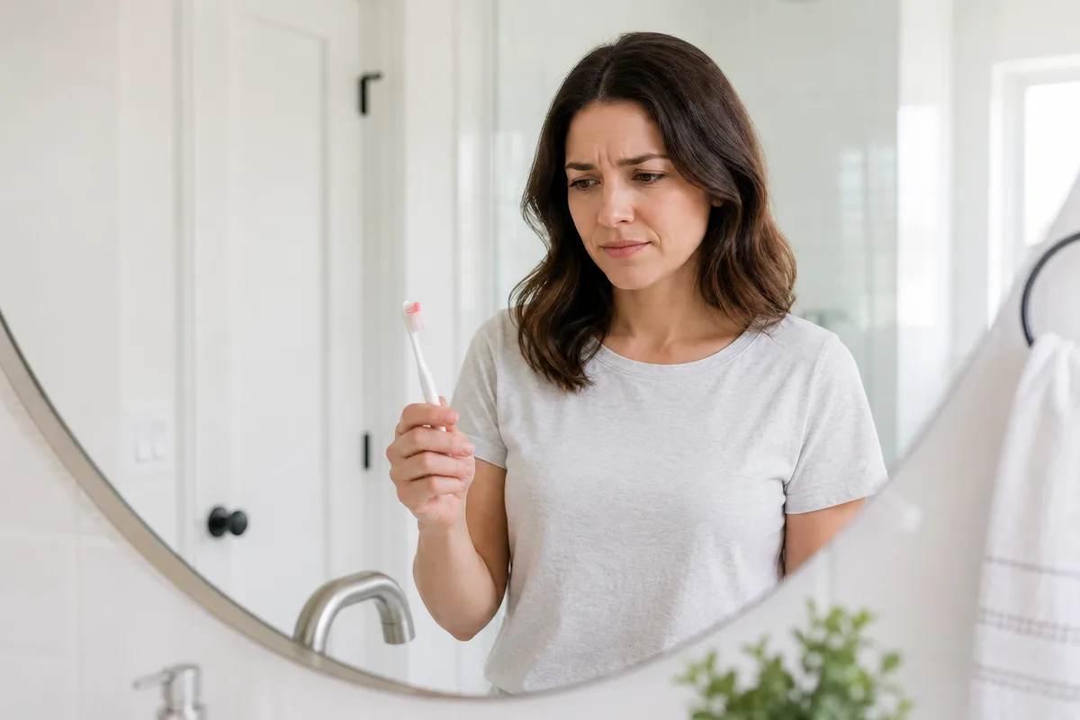 Person noticing bleeding gums while brushing, reviewed by a dentist at Rabbit Creek Dental in Mobile, AL