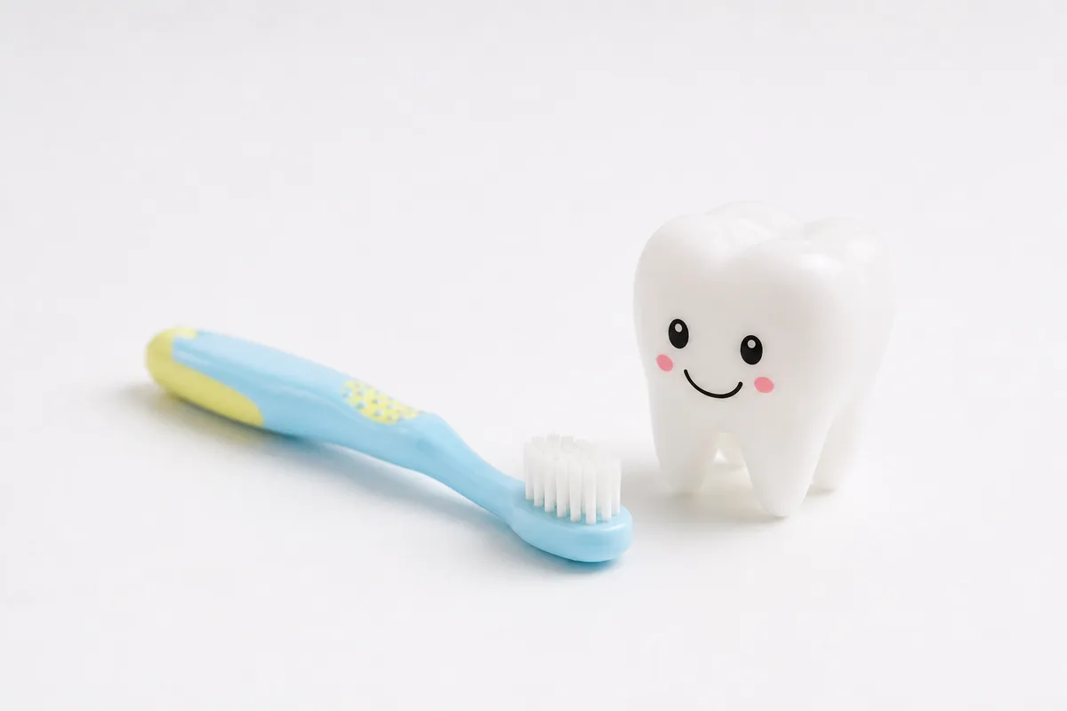 Child's toothbrush and smiling tooth character