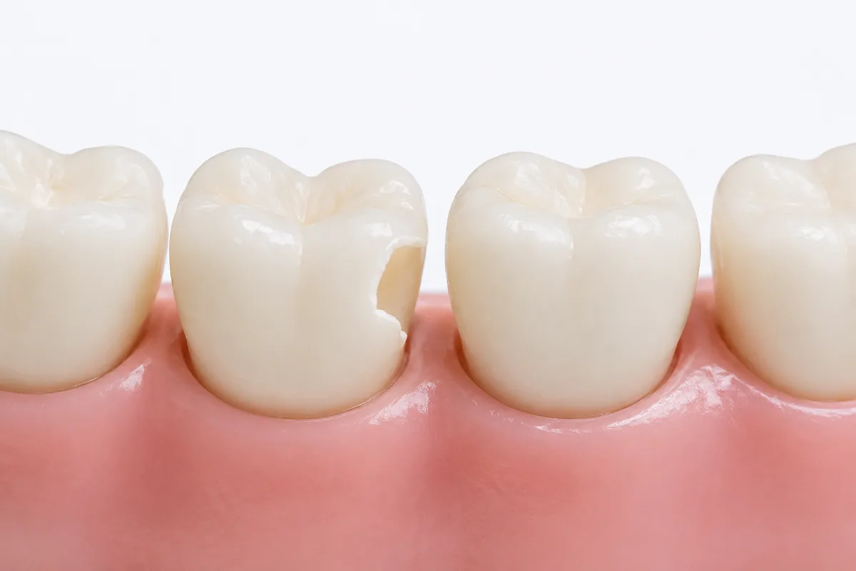 Dentist examining a chipped tooth before repair at Rabbit Creek Dental in Mobile, AL