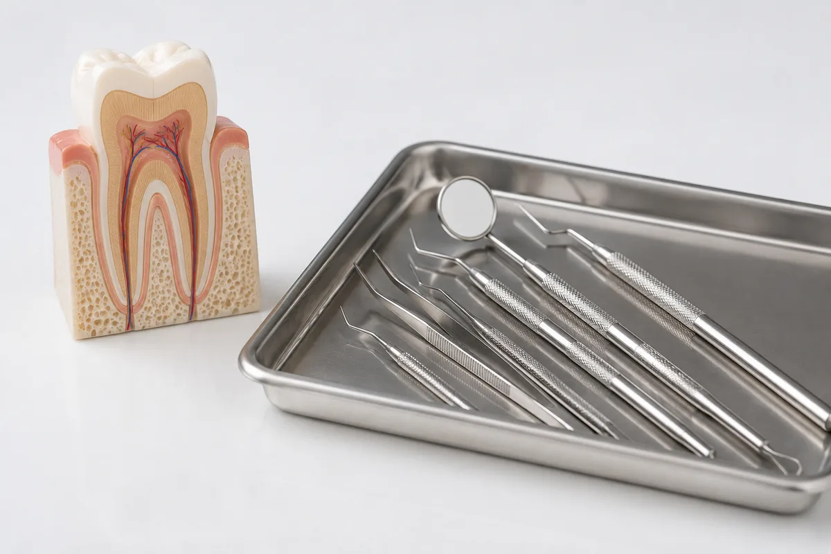 Dental tools and tooth model on tray