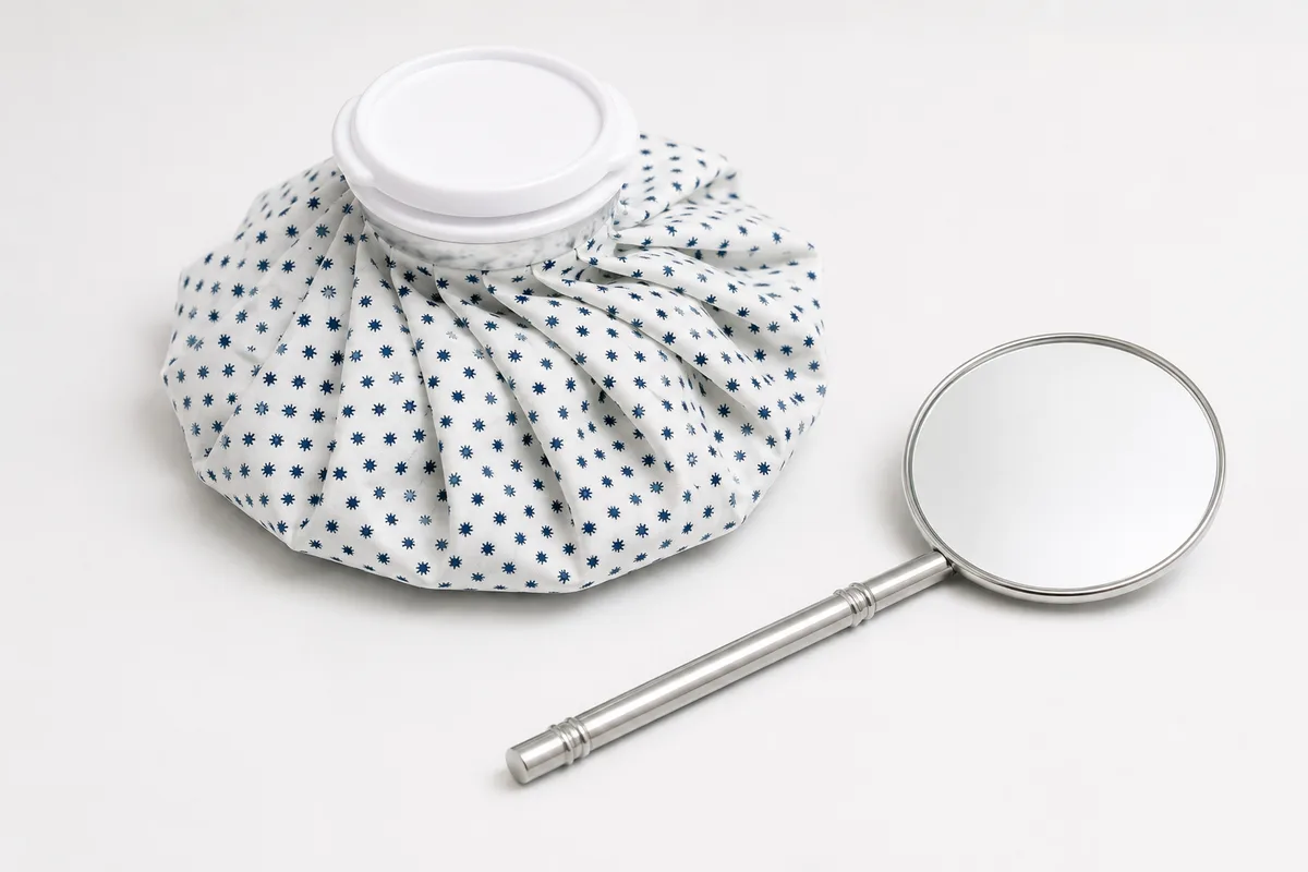 Ice pack and dental mirror on white surface
