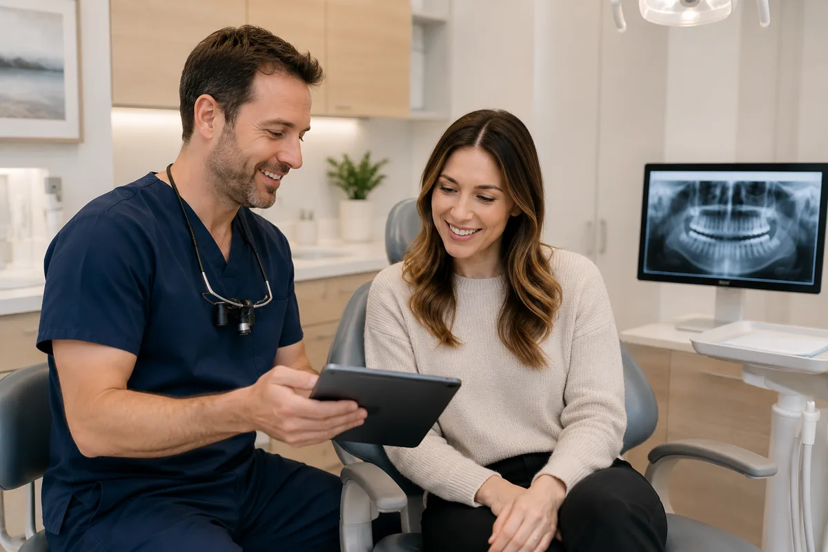 Dentist evaluating a patient's candidacy for dental implants at Rabbit Creek Dental in Mobile, AL