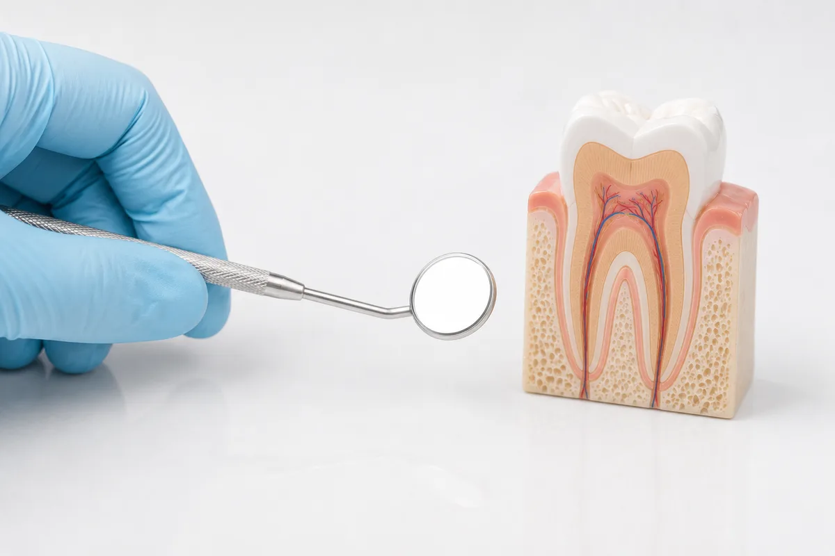Dentist examining tooth model with mirror