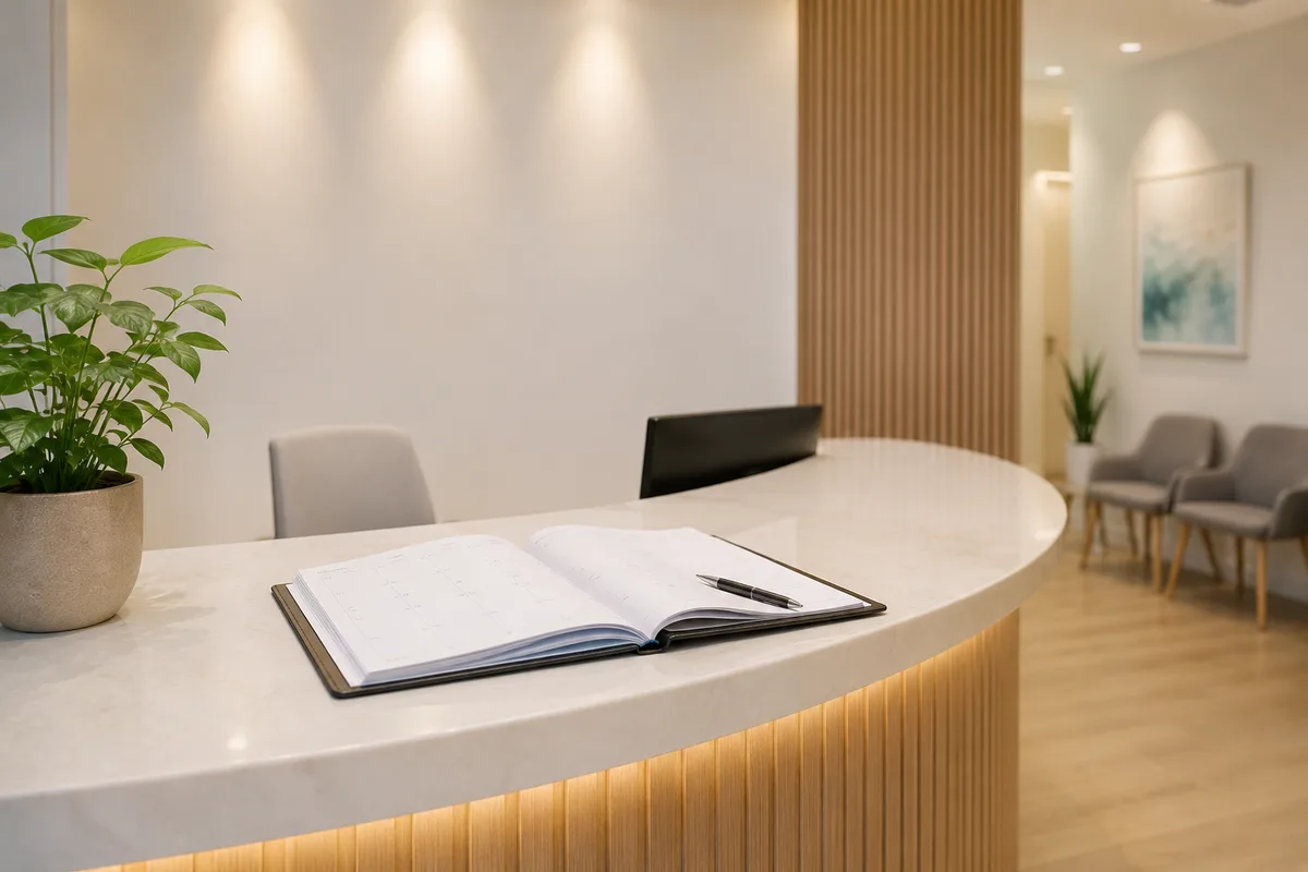 Dental office reception desk with appointment book