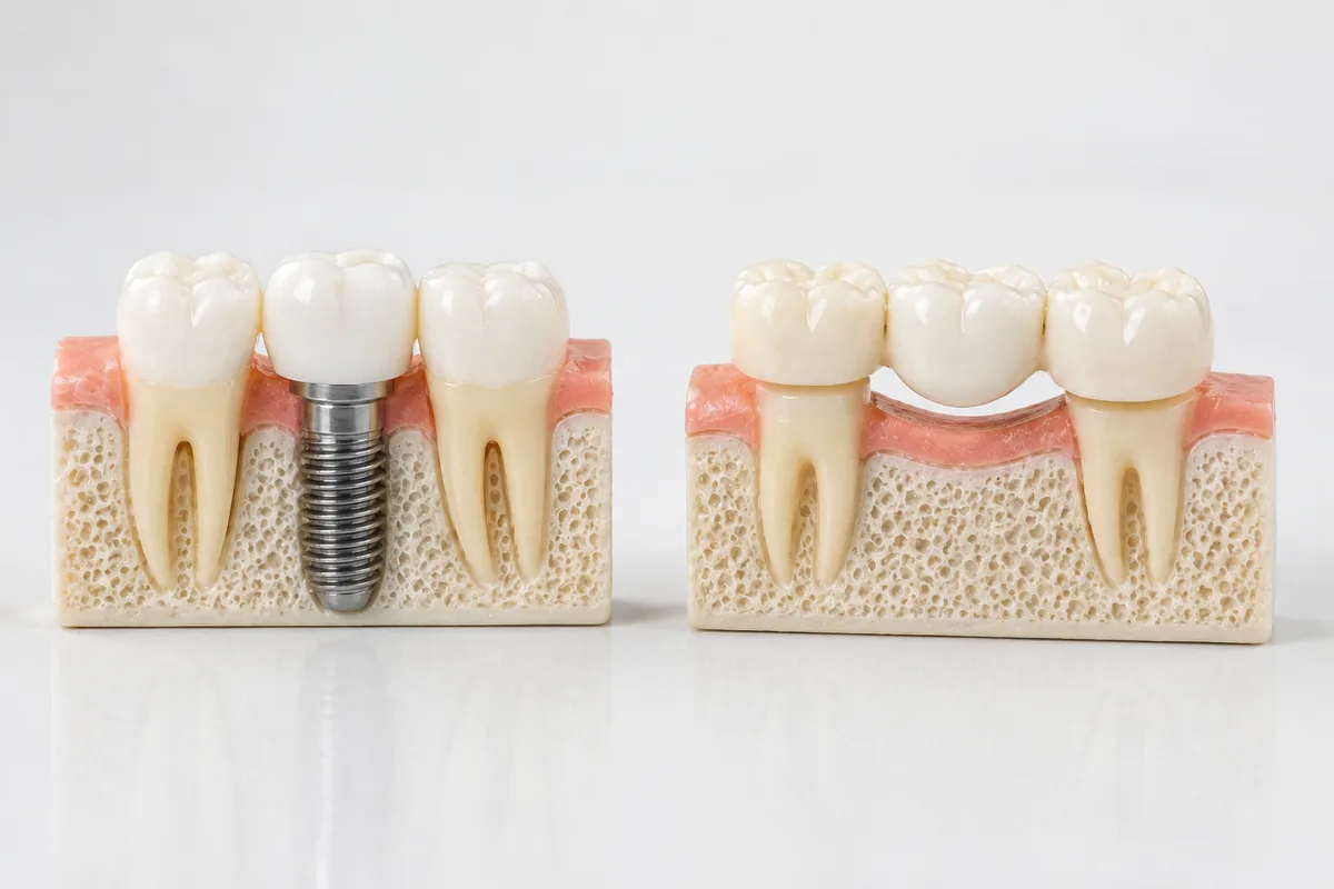 Dental implant and bridge models side by side