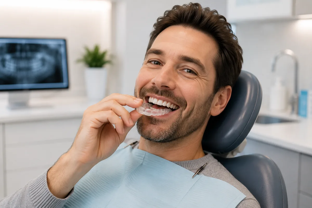 Patient comparing teeth whitening shade options at Rabbit Creek Dental in Mobile, AL