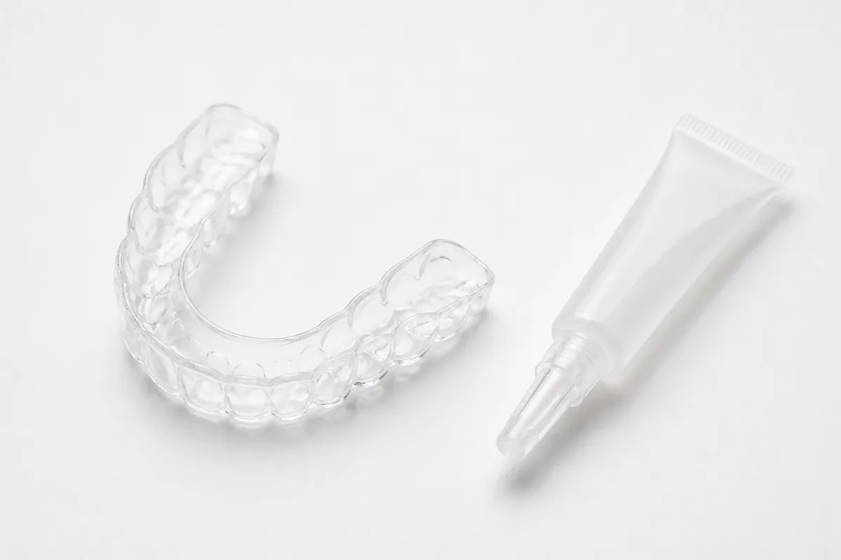 Whitening tray and gel tube on white surface