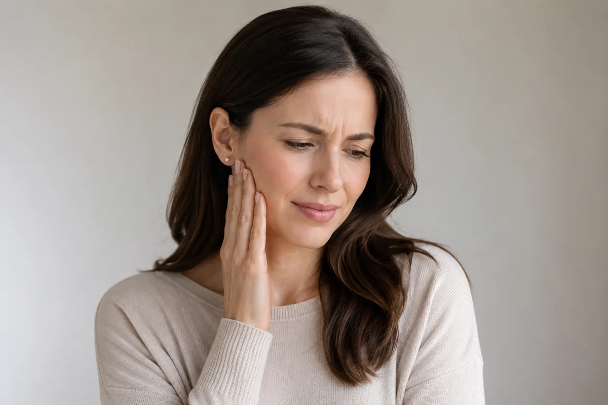 Person holding their jaw in discomfort from TMJ pain at Rabbit Creek Dental in Mobile, AL