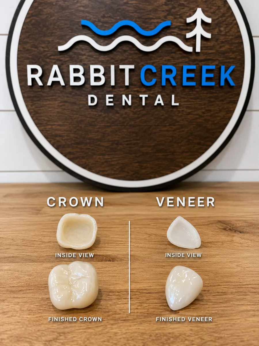Side-by-side comparison of a porcelain veneer covering the front of a tooth versus a crown covering the whole tooth