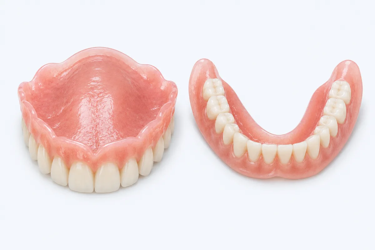 Complete upper and lower dentures on white background