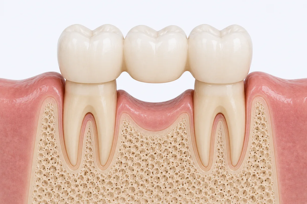 Dental bridge showing two crowned anchor teeth with a false tooth suspended between them filling the gap
