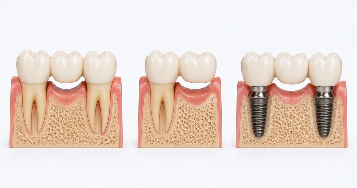 Three types of dental bridges: traditional, cantilever, and implant-supported
