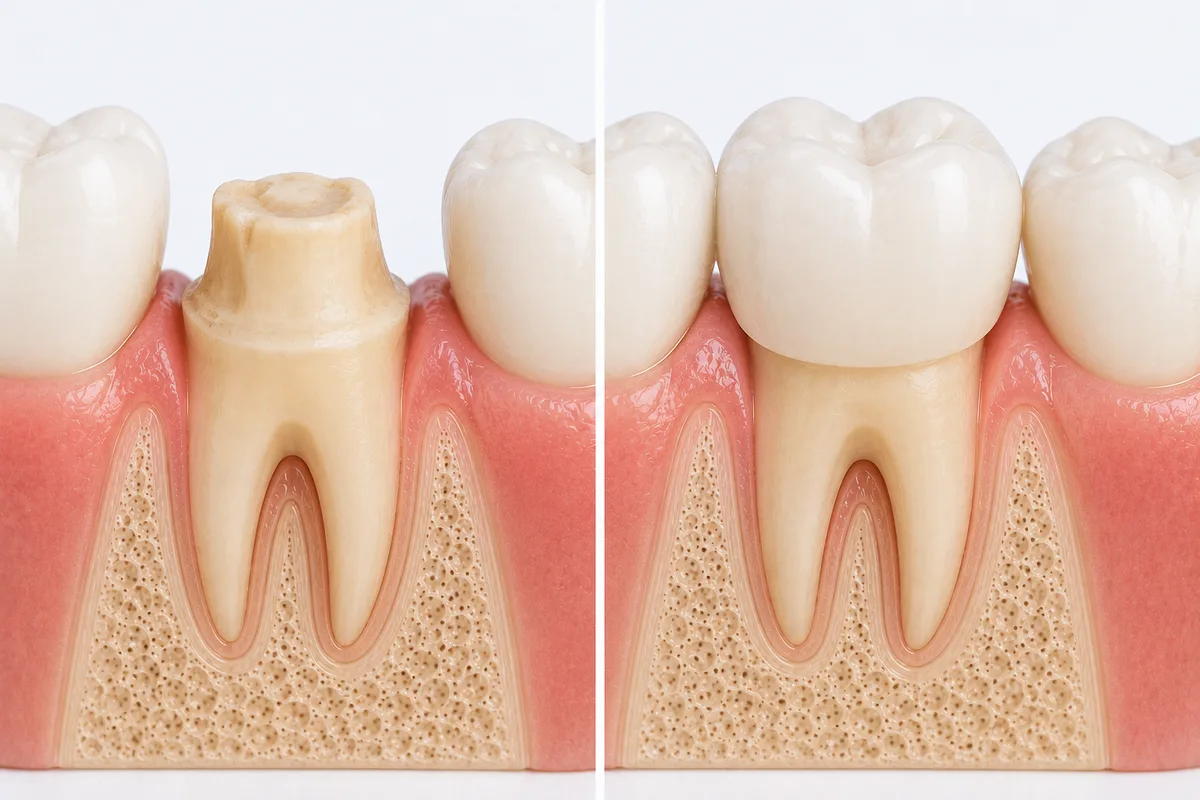 Dental crown preparation: damaged tooth stump on left, finished crown seated over tooth on right