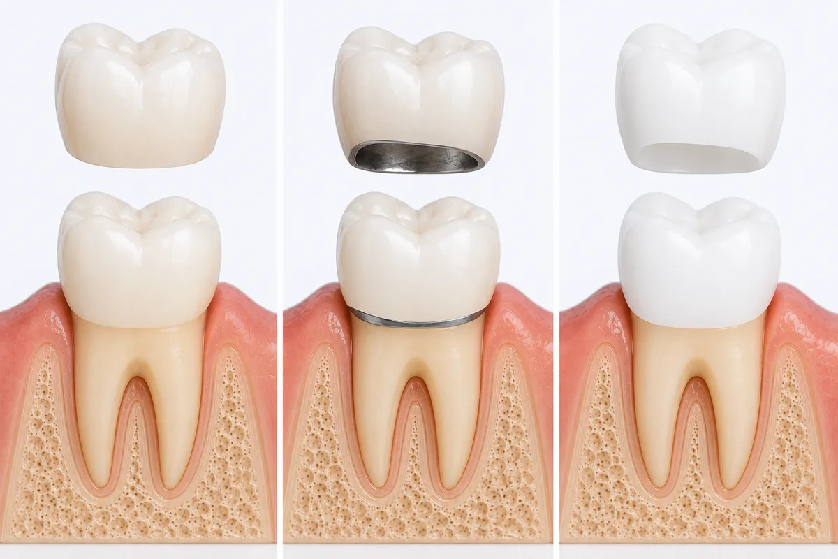 Three types of dental crowns: all-ceramic, porcelain-fused-to-metal, and zirconia