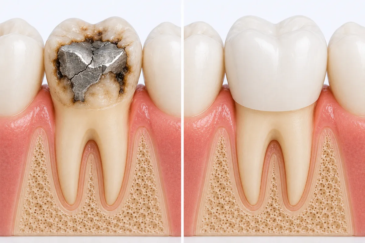 Failing amalgam filling with decay on left, tooth fully protected by zirconia crown on right