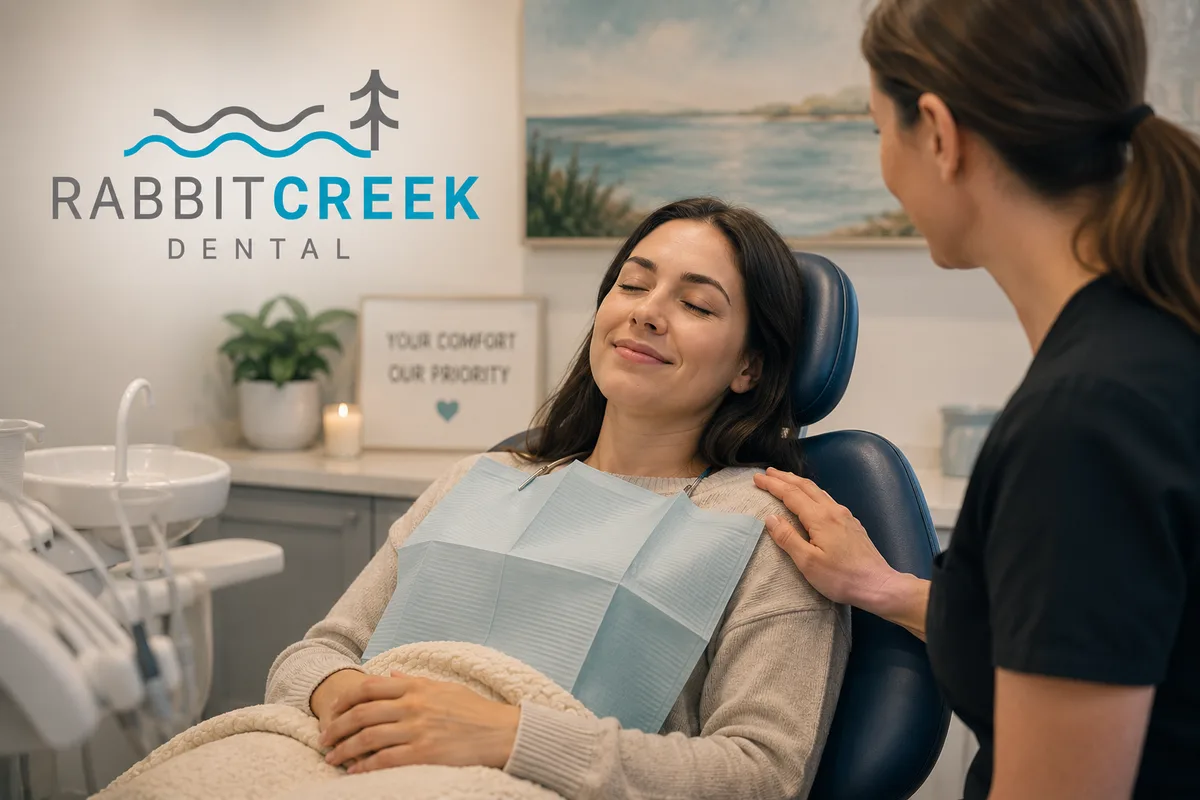A relaxed patient resting comfortably in the dental chair while a Rabbit Creek Dental team member reassures her, in Mobile, AL