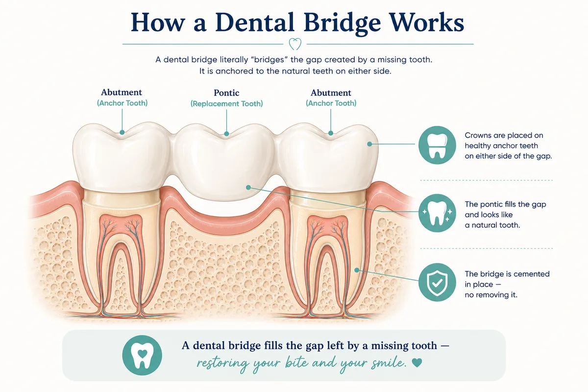 Dental bridge diagram showing abutment teeth and pontic