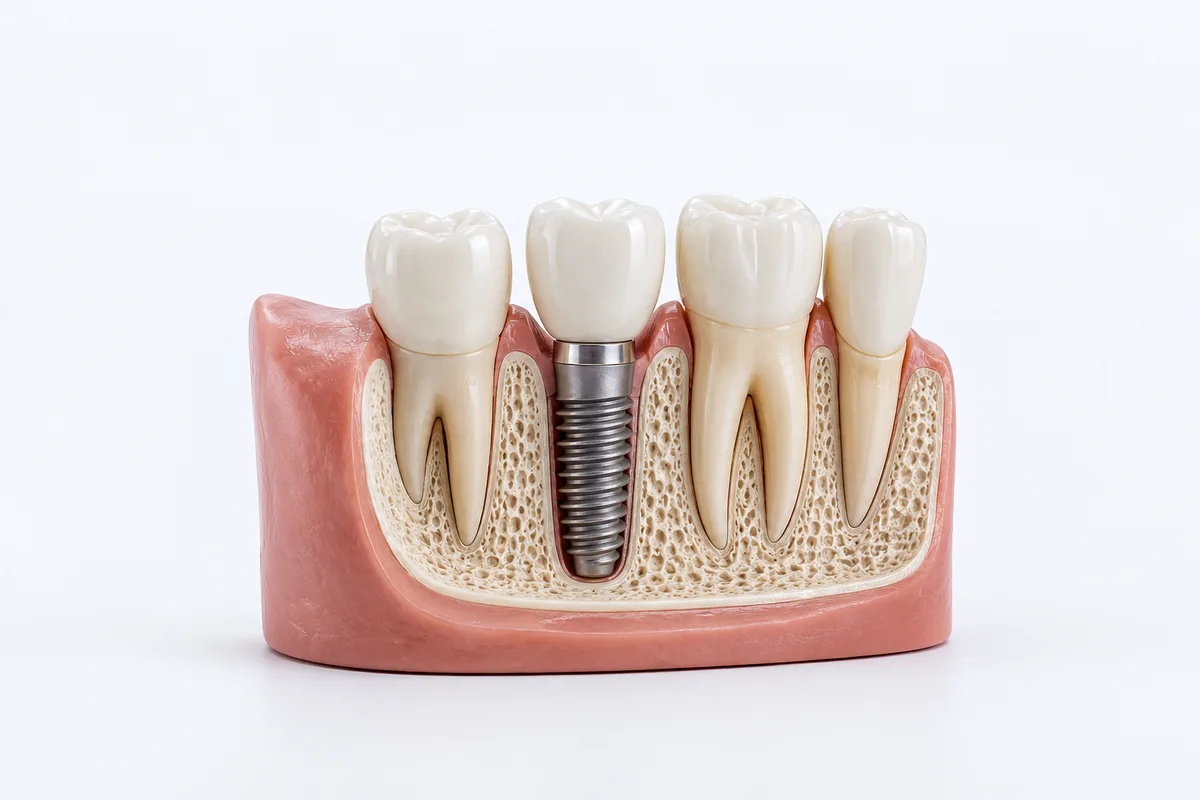 Dental implant model showing titanium post, abutment, and crown in a cross-section of the jaw.