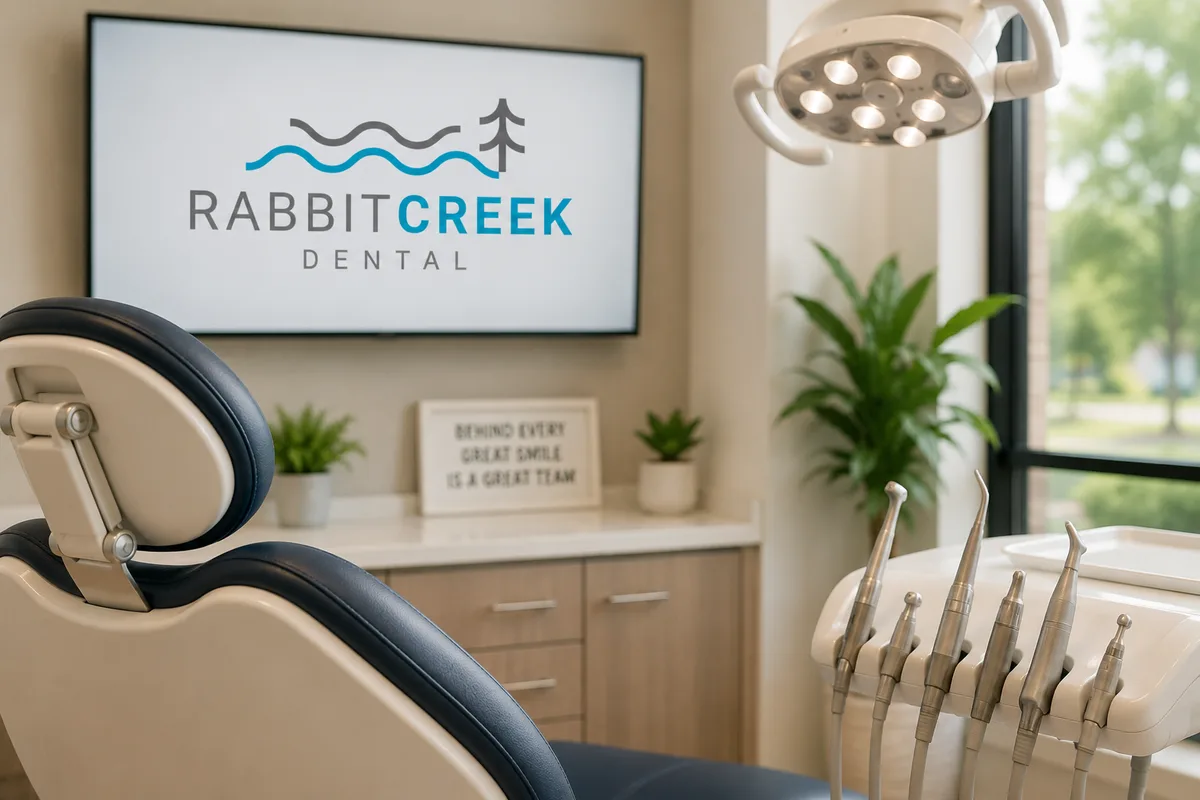 A clean, modern dental operatory at Rabbit Creek Dental in Mobile, AL, with a patient chair, overhead light, and dental instruments