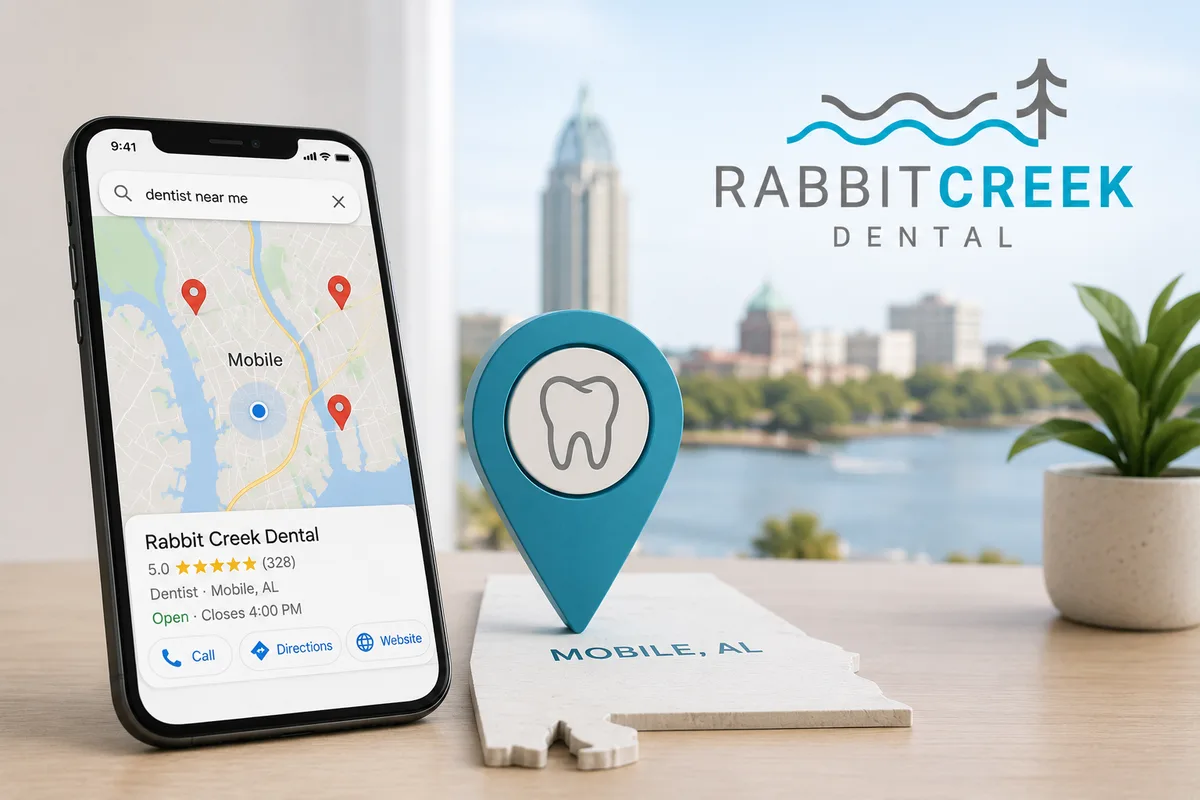 A smartphone showing a 'dentist near me' map search for Rabbit Creek Dental in Mobile, AL, with a tooth-shaped location pin and the city skyline