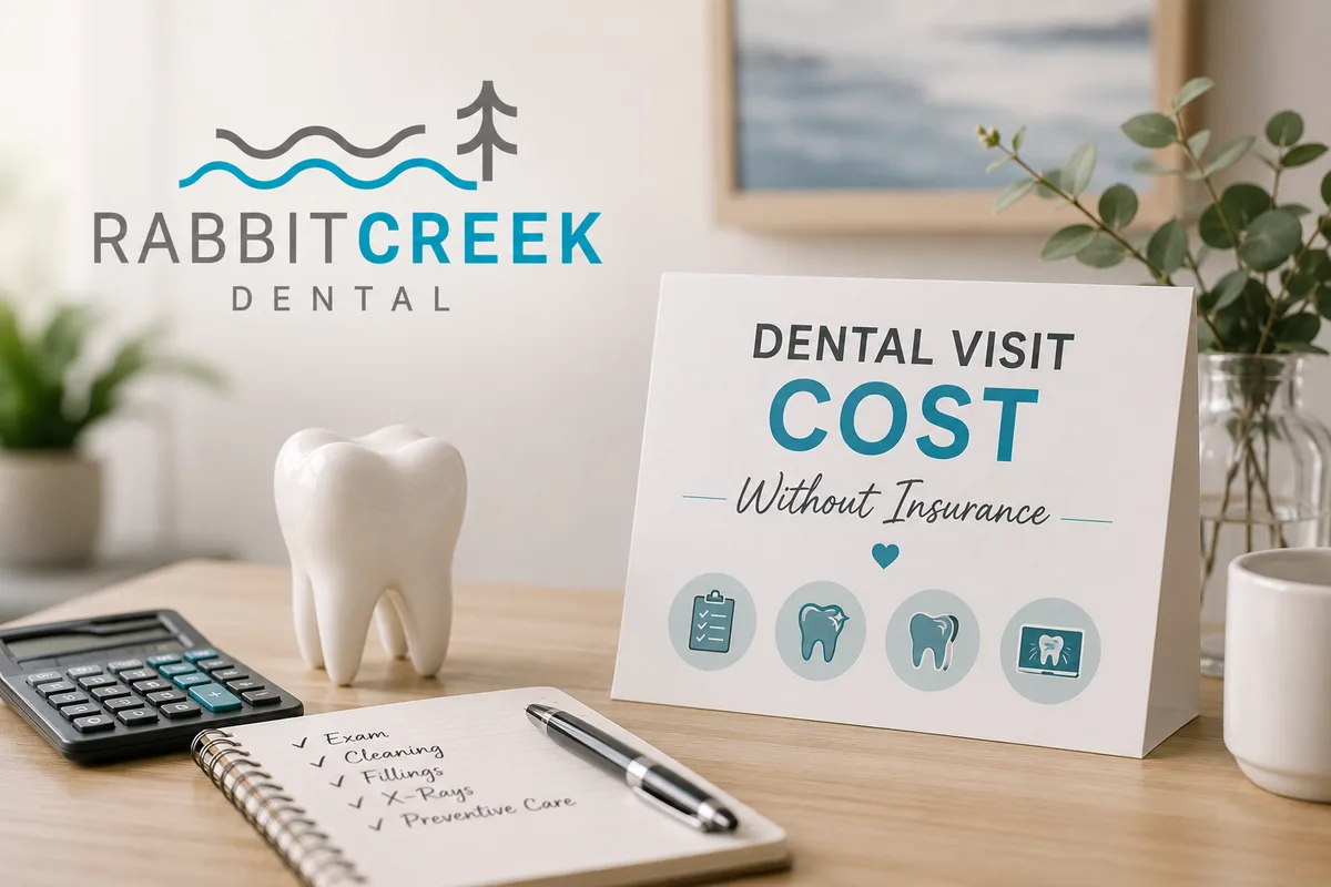 A 'Dental Visit Cost Without Insurance' sign beside a calculator, model tooth, and a notepad listing exam, cleaning, fillings, X-rays, and preventive care at Rabbit Creek Dental in Mobile, AL
