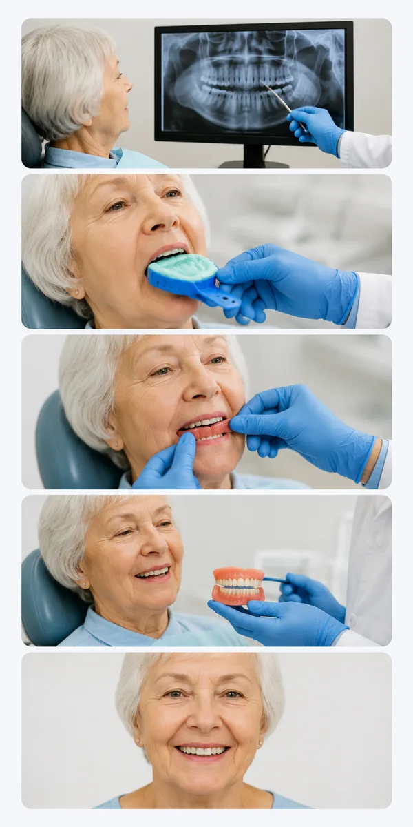 Five steps of the denture process from exam to final smile