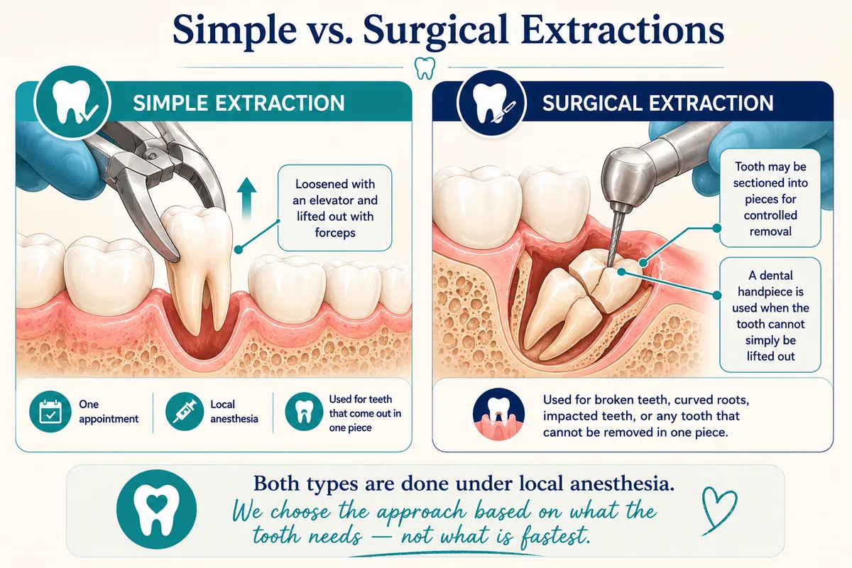 Simple vs surgical tooth extraction diagram