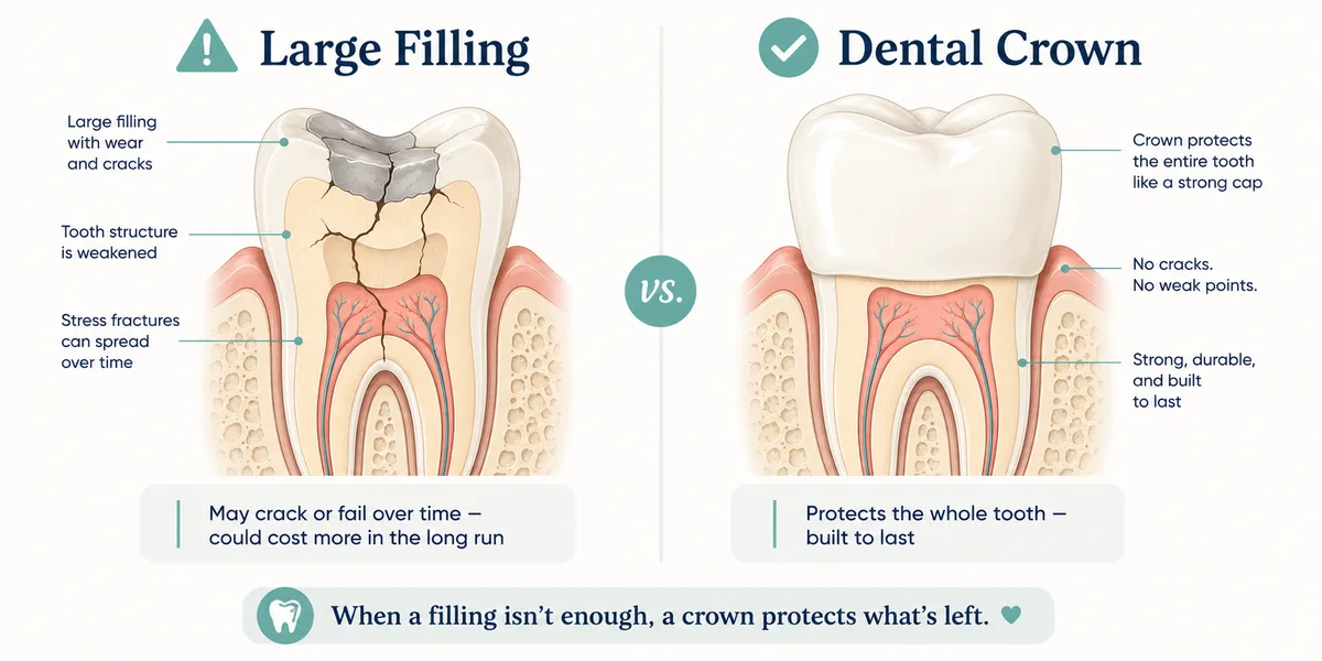 Dental crown versus large filling comparison infographic