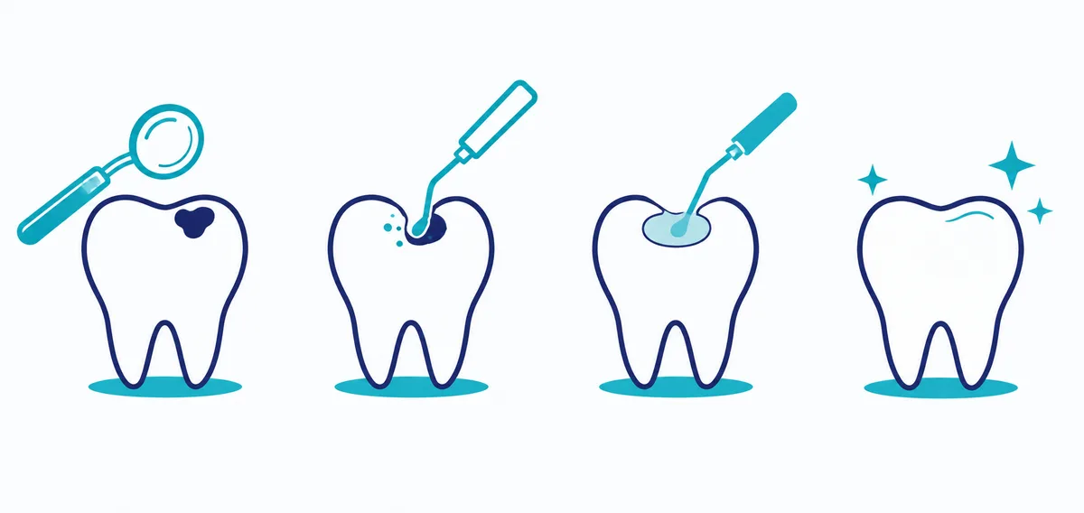 Four steps of a tooth-colored filling: examine the decay, remove it, fill the tooth, and polish.