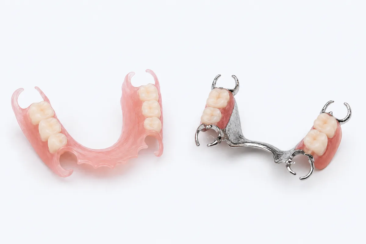 Flexible partial denture on the left, cast metal partial denture on the right