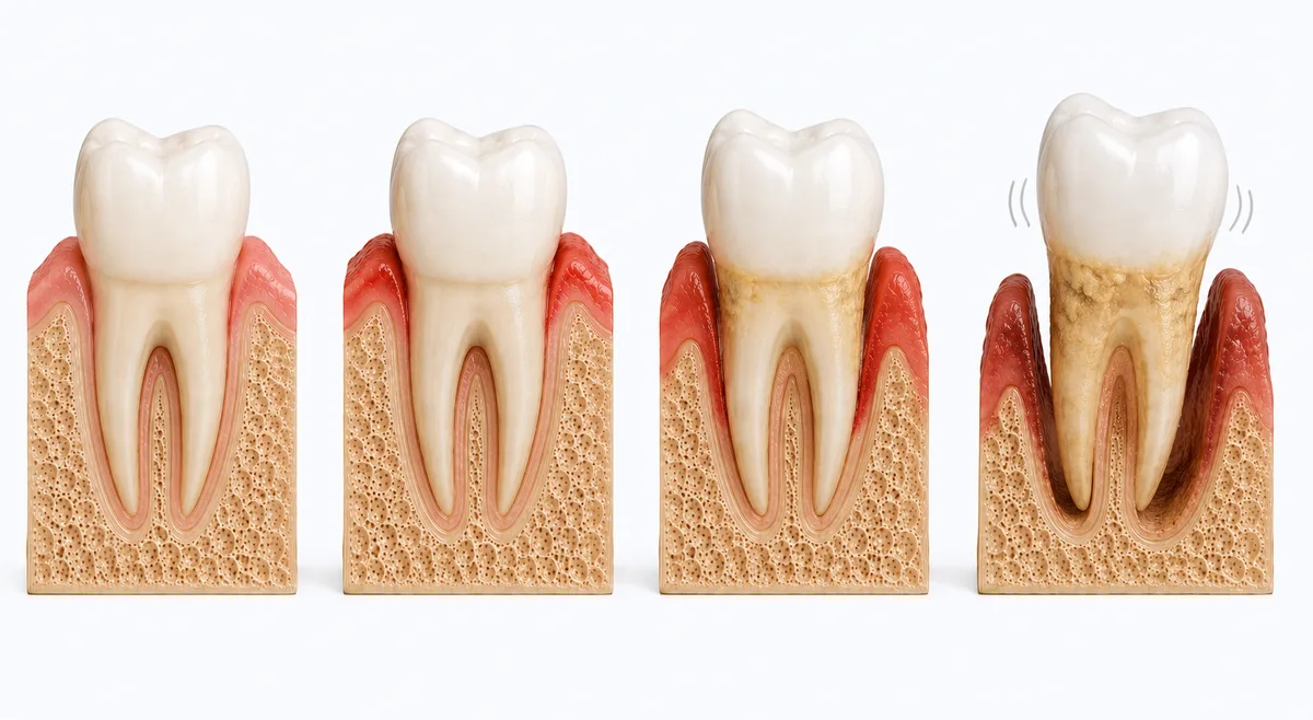 Four stages of gum disease from healthy gums to advanced periodontitis with bone loss and loose tooth
