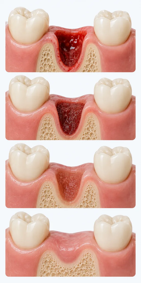 Four stages of tooth extraction healing from fresh socket to closed gum tissue