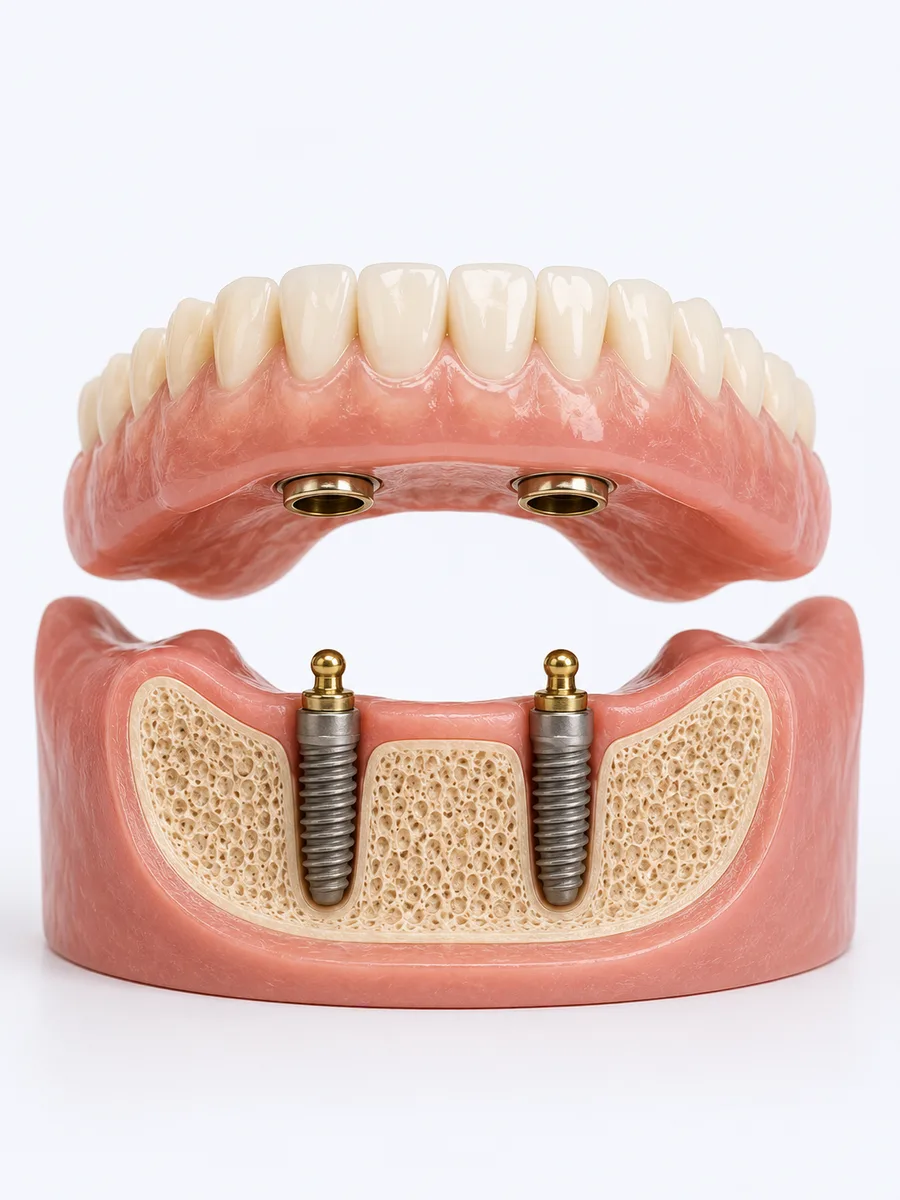 Implant-retained denture model showing implants in jawbone