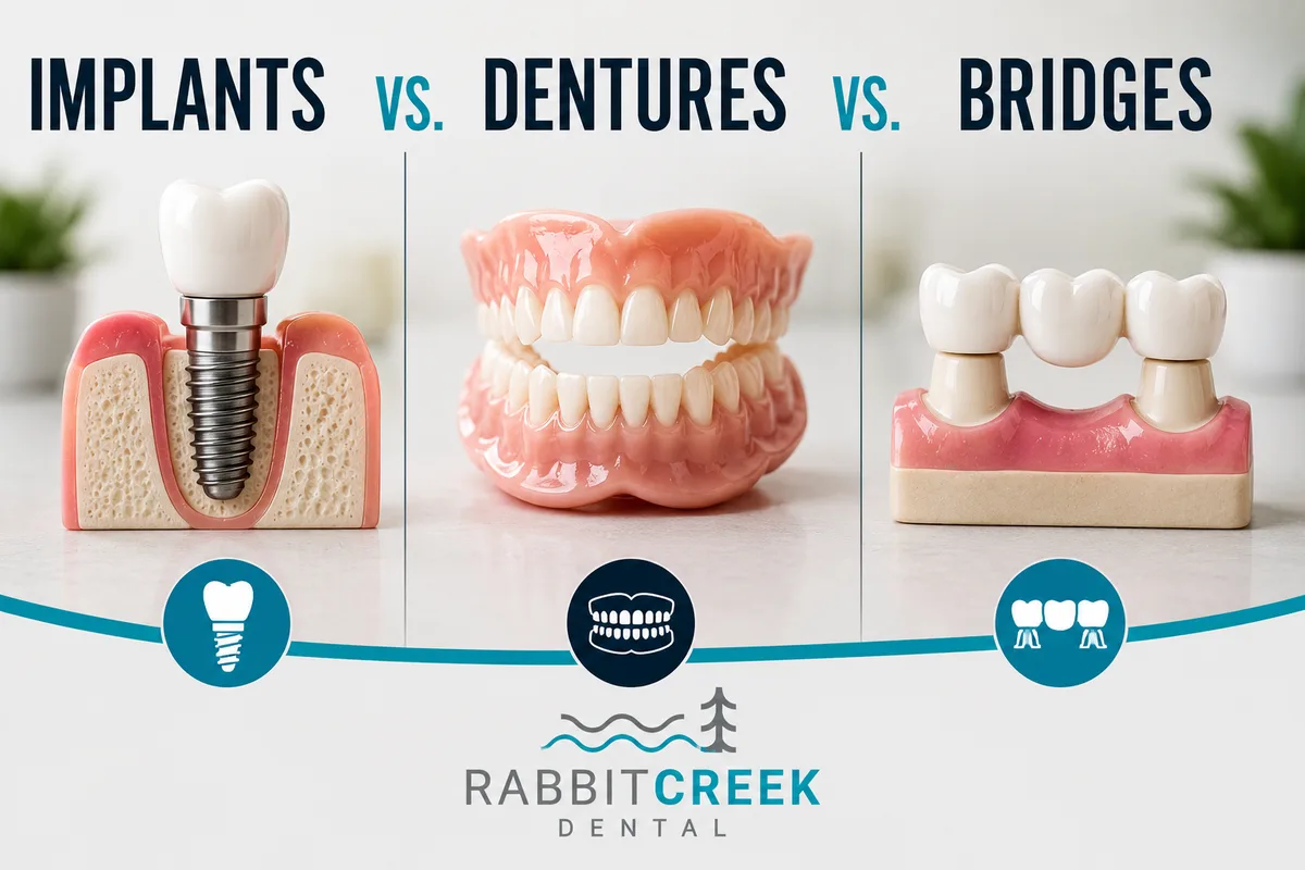 Side-by-side comparison of a dental implant, full dentures, and a dental bridge for replacing missing teeth at Rabbit Creek Dental in Mobile, AL