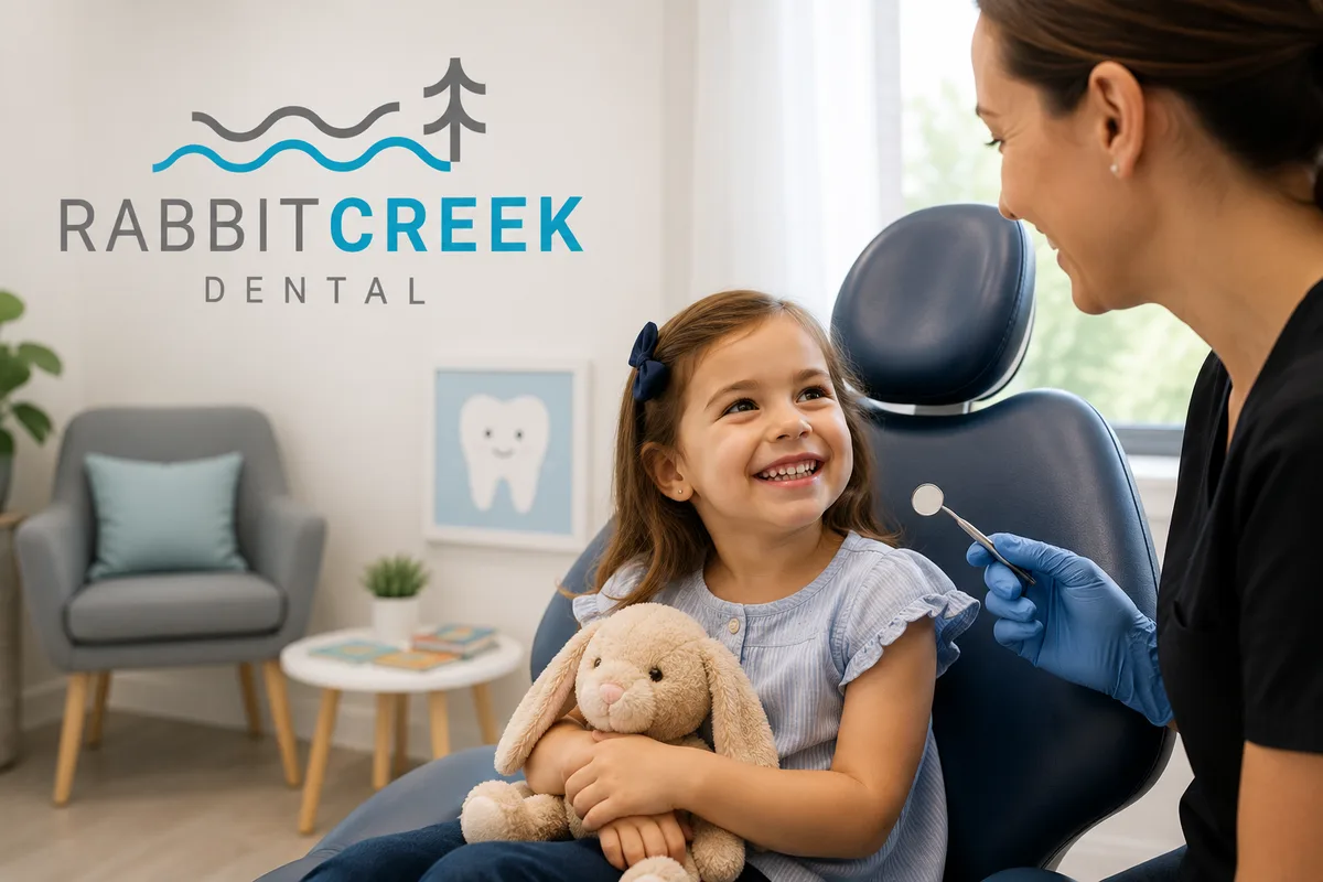 A happy young girl holding a stuffed bunny at her first dental visit while a friendly Rabbit Creek Dental team member greets her, in Mobile, AL