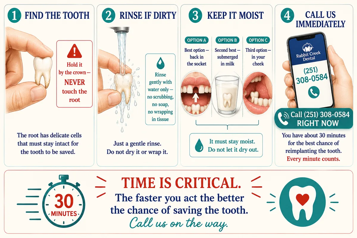 What to do if a tooth is knocked out — find it, rinse it, keep it moist, call us immediately
