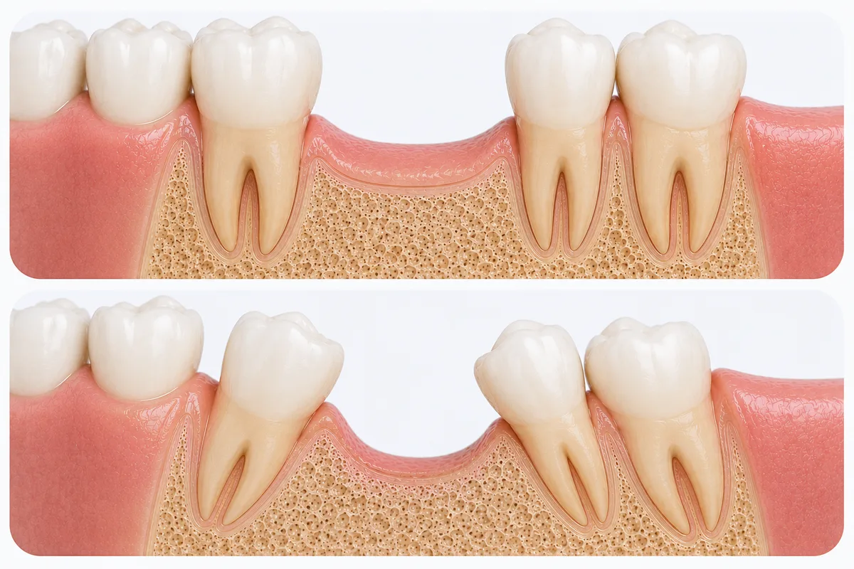 Two-panel image showing straight teeth with a gap on top, and shifted teeth with bone loss below
