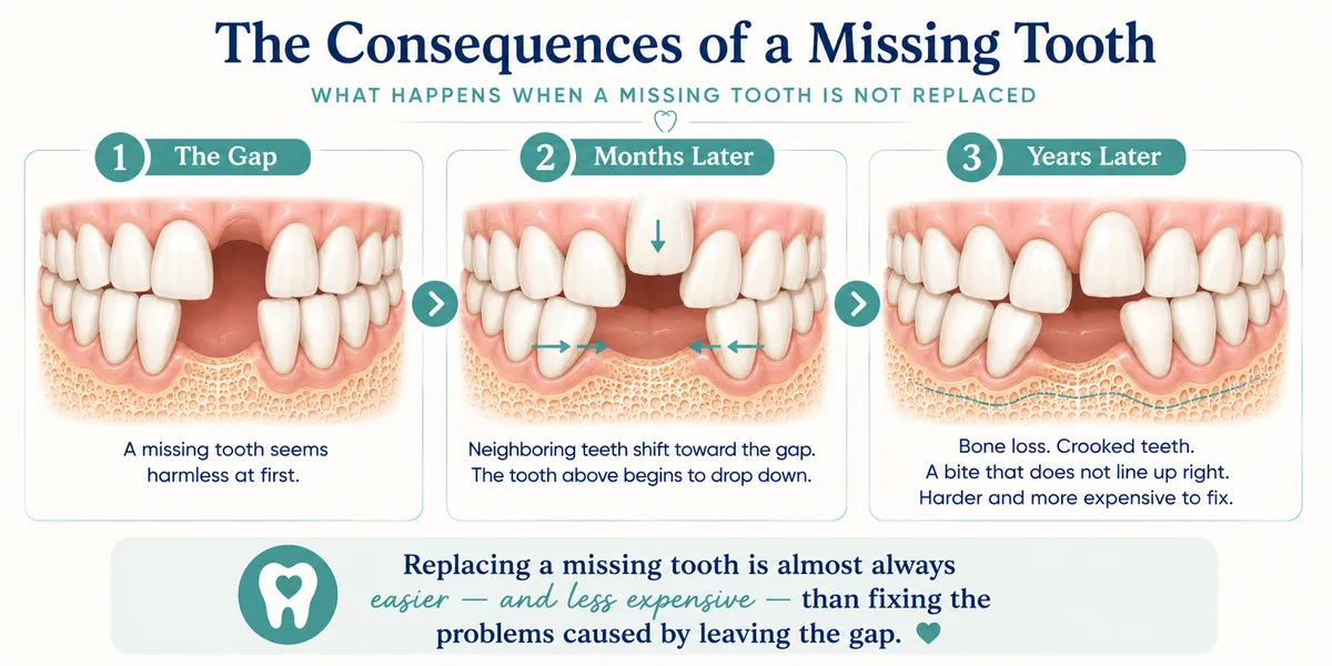 Missing tooth consequences infographic: shifting teeth and bone loss