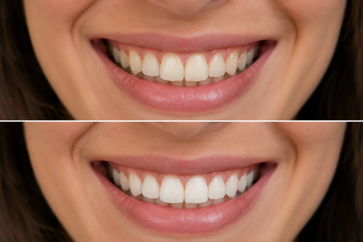 Before and after porcelain veneers on a patient at Rabbit Creek Dental in Mobile, Alabama