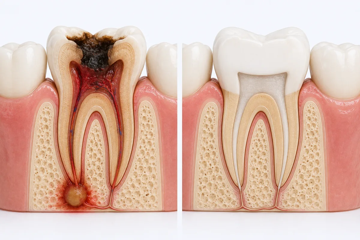 Cross-section showing infected tooth before root canal treatment on left, cleaned and sealed tooth with crown after treatment on right