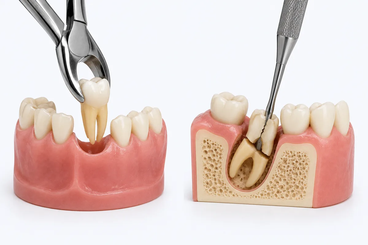 Simple extraction using forceps on left, surgical extraction cross-section on right