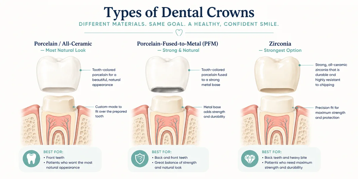 Types of dental crowns comparison: zirconia, aesthetic zirconia, and porcelain-fused-to-metal