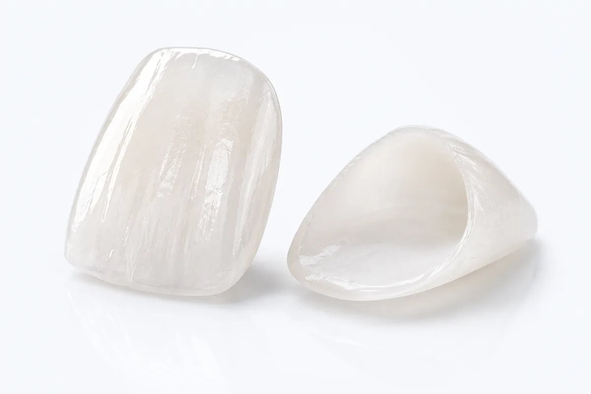 Two translucent porcelain dental veneer shells showing their curved shape and thin profile
