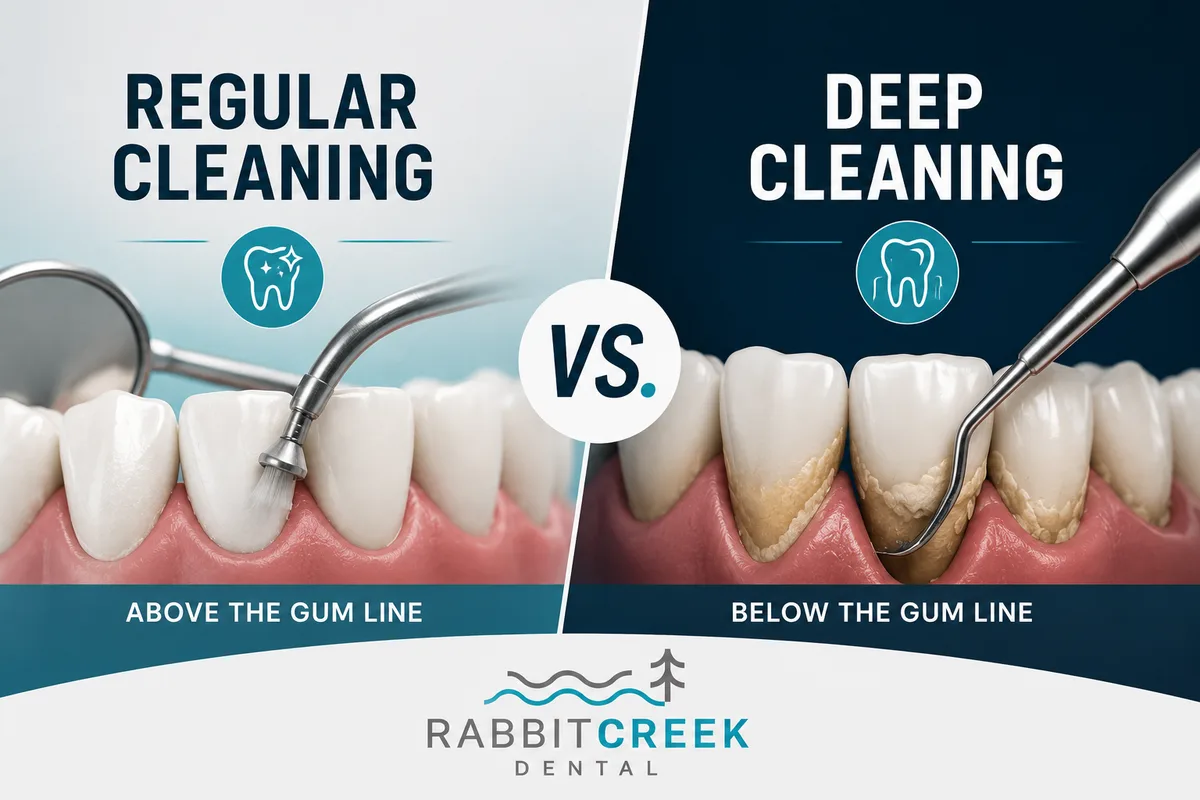 Regular cleaning vs. deep cleaning compared — cleaning above the gum line versus scaling below the gum line at Rabbit Creek Dental in Mobile, AL